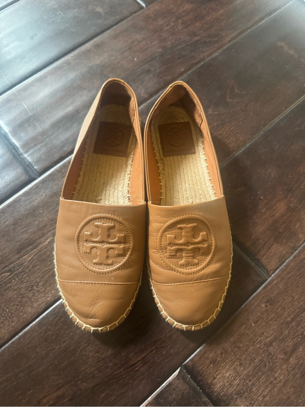 Tory Burch Camel/Tan Leather Espadrille Flats with Logo